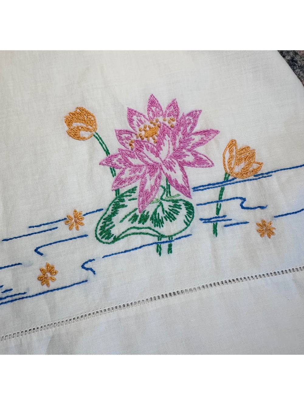 Vintage Hand-embroidered Lotus Pillowcase